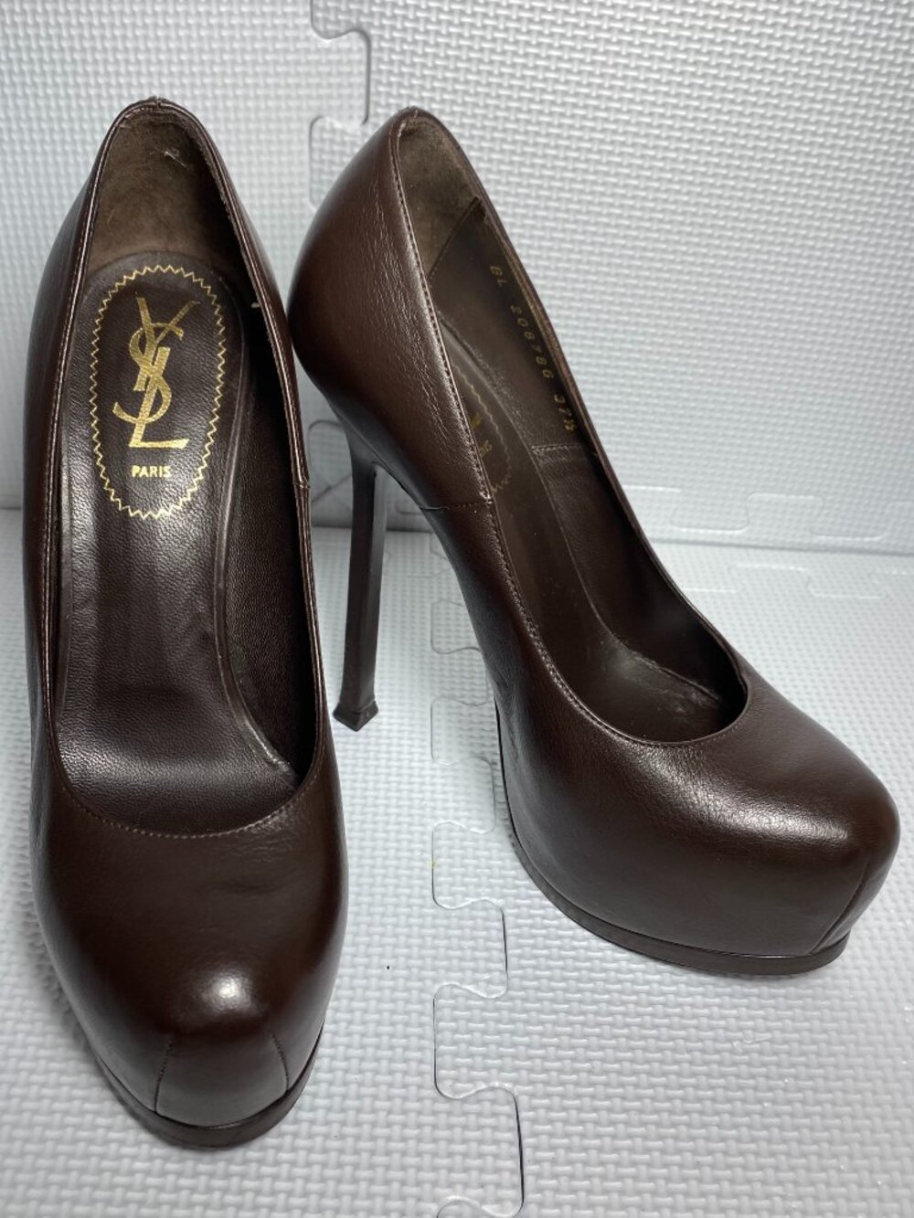 VTG YVES SAINT LAURENT YSL Tribtoo Brown Leather Platform Pumps 37.5 7.5 ($795)